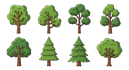 Illustration of collection of cartoon trees isolated on white background