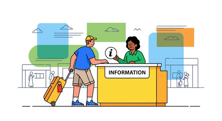 Tourist Seeking Assistance At Airport Information Desk Receives Essential Support