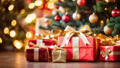 Christmas presents stacked under a glowing tree, bokeh background