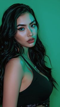 Beautiful woman  mixed Asian-Euro ethnicity lit by neon lighting, party mood, against green screen.