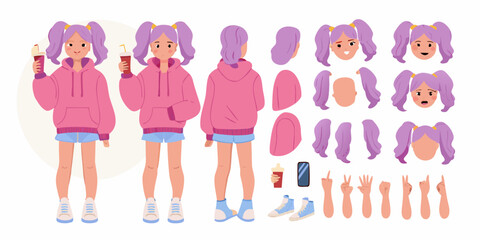 Cute cartoon character design kit with girl in pink hoodie and blue shorts holding drink