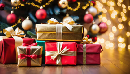 Christmas presents stacked under a glowing tree, bokeh background
