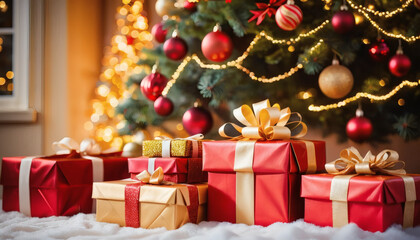 Christmas presents stacked under a glowing tree, bokeh background