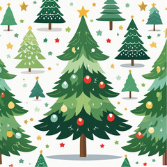Fototapeta premium Seamless pattern of decorated Christmas trees with stars and ornaments. Festive winter vector perfect for holiday backgrounds and wrapping paper.