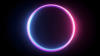Vibrant glowing neon oval ring emitting electric blue and magenta light against a deep black background creating a futuristic abstract portal effect