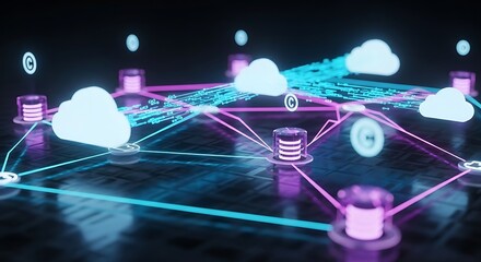 Cloud computing network with servers and data transfer, illustrating the concept of interconnected systems and digital information flow in a modern technology landscape