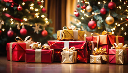 Christmas presents stacked under a glowing tree, bokeh background
