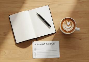 Planning the future with a 2026 goals checklist, an open journal, and a morning cappuccino on a sunlit table