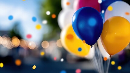 Bright balloons in various colors are tied together, surrounded by confetti in a lively outdoor setting. People enjoy a festive atmosphere filled with joy and celebration