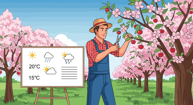 Cartoon farmer pruning cherry trees in orchard with weather forecast board