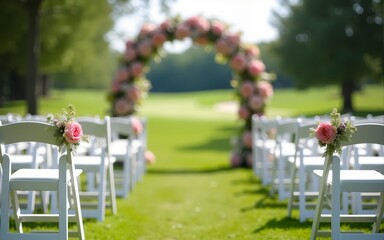 White wooden chairs with rose flowers on each side of archway outdoors, copy space. Empty chairs for guests prepared for wedding ceremony on golf course. High quality