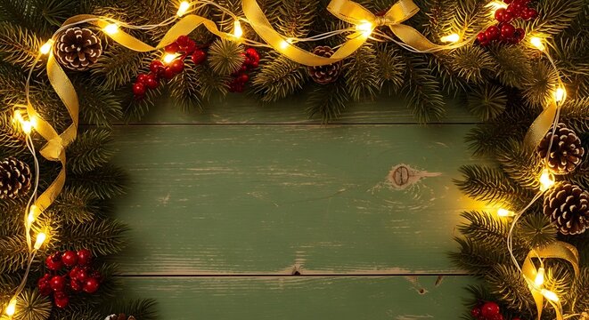 A festive Christmas wreath with warm fairy lights and pinecones on a rustic green wooden background.