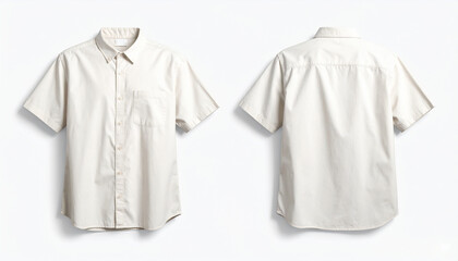A blank beige short sleeve button-up shirt with front and back views for a mockup


