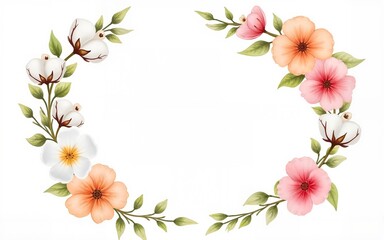 Fototapeta premium Watercolor floral wreath and bouquet frame illustration with cotton balls peach color, white, pink, vivid flowers, green leaves, for wedding stationary, greetings, wallpapers, background,
