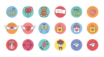 A collection of lovely icons representing symbols of love and romance for various occasions.