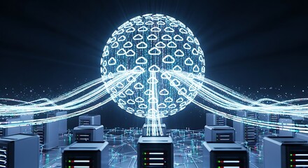 Global cloud network with servers and data streams, showcasing the interconnectedness of digital information and the infrastructure supporting modern technology