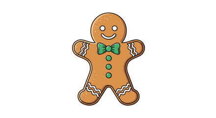 A cute gingerbread man cookie with a green bow tie and buttons for a festive holiday treat.