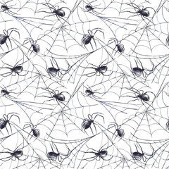 Realistic Spiders on cobweb seamless pattern. Watercolor Hand drawn black and grey net Scary Halloween scary design for fabric, horror packaging, wallpaper. illustration on isolated white background.