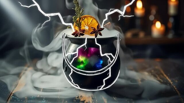 Magical Halloween cauldron with glowing smoke and a cosmic inside. Mysterious potion brew for scary holiday party concept.