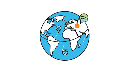 A world map illustration showing different locations connected by lines indicating travel and navigation.