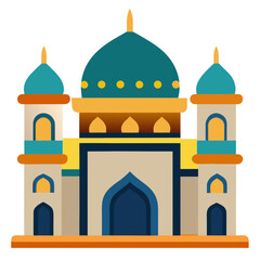 Stylized islamic mosque with blue domes and minarets against a black background