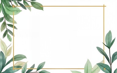 Watercolor wedding set. Set of card with leaves and golden geometric frame. Design with forest green leaves, eucalyptus, fern. Floral Trendy templates for banner, flyer, poster, greeting. eps10