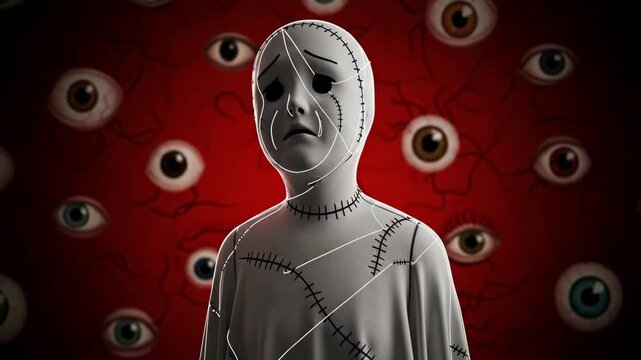 Creepy sewn human doll looking down. Concept of anxiety, fear, stress. Horror Halloween character watching from many eyes.