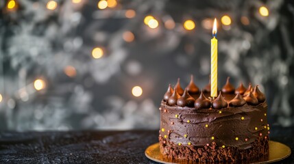 Chocolate Birthday Cake with Single Lit Candle in Festive Celebration Setting