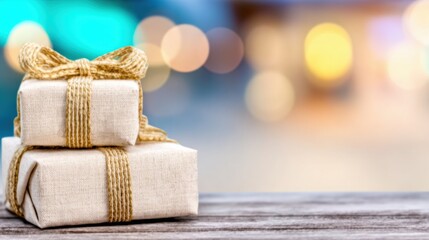 Two beautifully wrapped Christmas gifts made from eco-friendly materials rest on a rustic wooden table. Soft bokeh lights create a warm, festive atmosphere, perfect for holiday celebrations