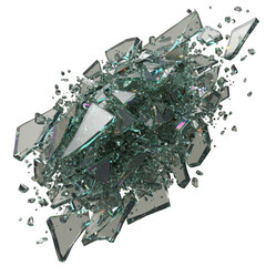 Abstract shattered glass shards forming a central green cluster against a dark void isolated on transparent background