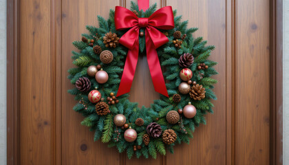 Elegant Christmas wreath with red ribbons and pinecones, hanging on a wooden door background