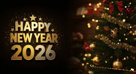 Happy New Year 2026 Wishes Gold Christmas Tree Decorations Festive Holiday Greetings Card