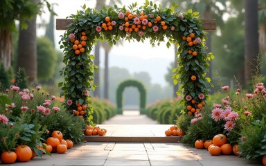 Italian wedding decoration. Green eucalyptus, oranges and pink flowers decorate wedding altar. High quality