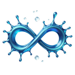 Dynamic blue water infinity symbol with splashes and droplets creates fluid motion isolated on transparent background