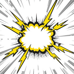 Dynamic comic book style explosion burst with lightning strikes energetic action scene isolated on transparent background