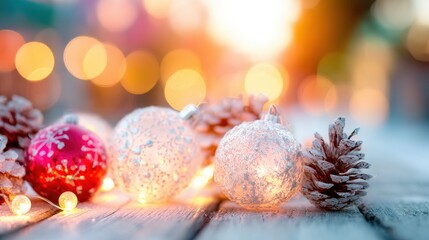 Obraz premium Brightly colored Christmas ornaments and natural pine cones are arranged on a wooden surface, adding charm to a festive outdoor setting as soft lights twinkle in the background