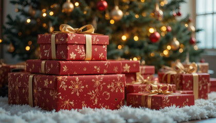 Christmas presents stacked under a glowing tree, bokeh background