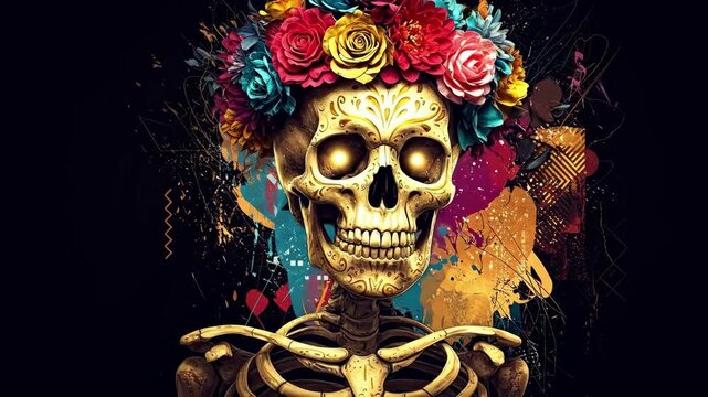 Half body stylized sugar skull with colorful flowers. Dia de los muertos celebration concept. Design for greeting card.