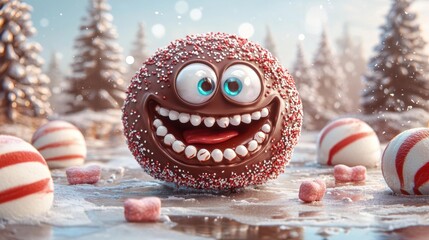 Chocolate monster with candy sprinkles and white teeth stands in fake snow with peppermint candies and a pine branch. AI.