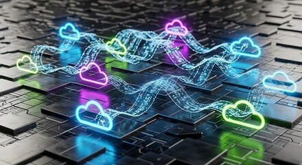 Futuristic cloud computing network illustration with neon cloud icons connected by glowing lines, representing data flow and interconnectedness in a digital landscape