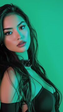 Beautiful woman  mixed Asian-Euro ethnicity lit by neon lighting, party mood, against green screen.