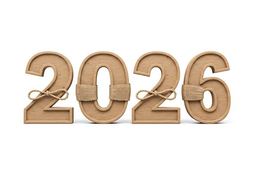 2026 numeric year in rustic wood design with neutral colors isolated