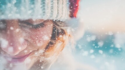 A woman wearing a stylish Santa hat smiles as soft snowflakes fall around her, creating a dreamy winter scene. The background is filled with a peaceful, snowy landscape