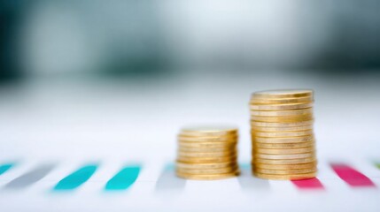 Gold coins are neatly stacked on a surface featuring a financial chart. The chart displays various colors, illustrating investment trends. This setting reflects a focus on wealth and financial growth