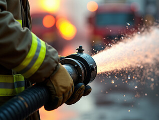 Firefighter in Protective Gear Aiming High-Pressure Hose Nozzle Against Blurry Blaze and Emergency Lights