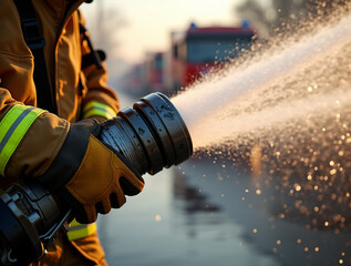 Close-up of Firefighter's Hands in Protective Gloves Directing Intense Water Stream with Backlit Golden Sunlight
