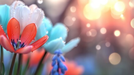 Fototapeta premium Spring flowers with red, blue, and white petals stand tall against a soft green background. Delicate droplets of water glisten on the petals as sunlight filters through
