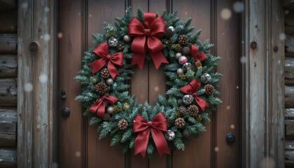 Elegant Christmas wreath with red ribbons and pinecones, hanging on a wooden door background