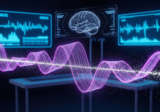 Neurological Visualization With Brain Wave, Electroencephalography and Modern Graphics Against Modern Desk with Keyboard