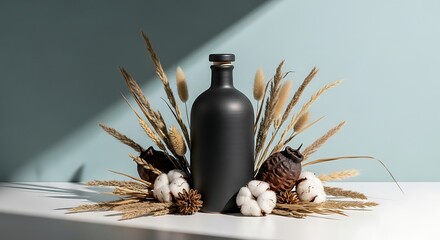 Elegant Black Bottle Surrounded by Dried Wheat, Cotton, and Pine Cones, Minimalist Still Life.